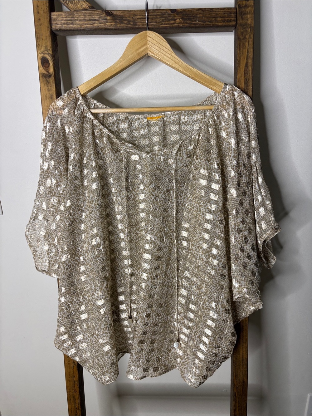 Ruby Rd. Metallic Taupe Tie-Neck Blouse Size L